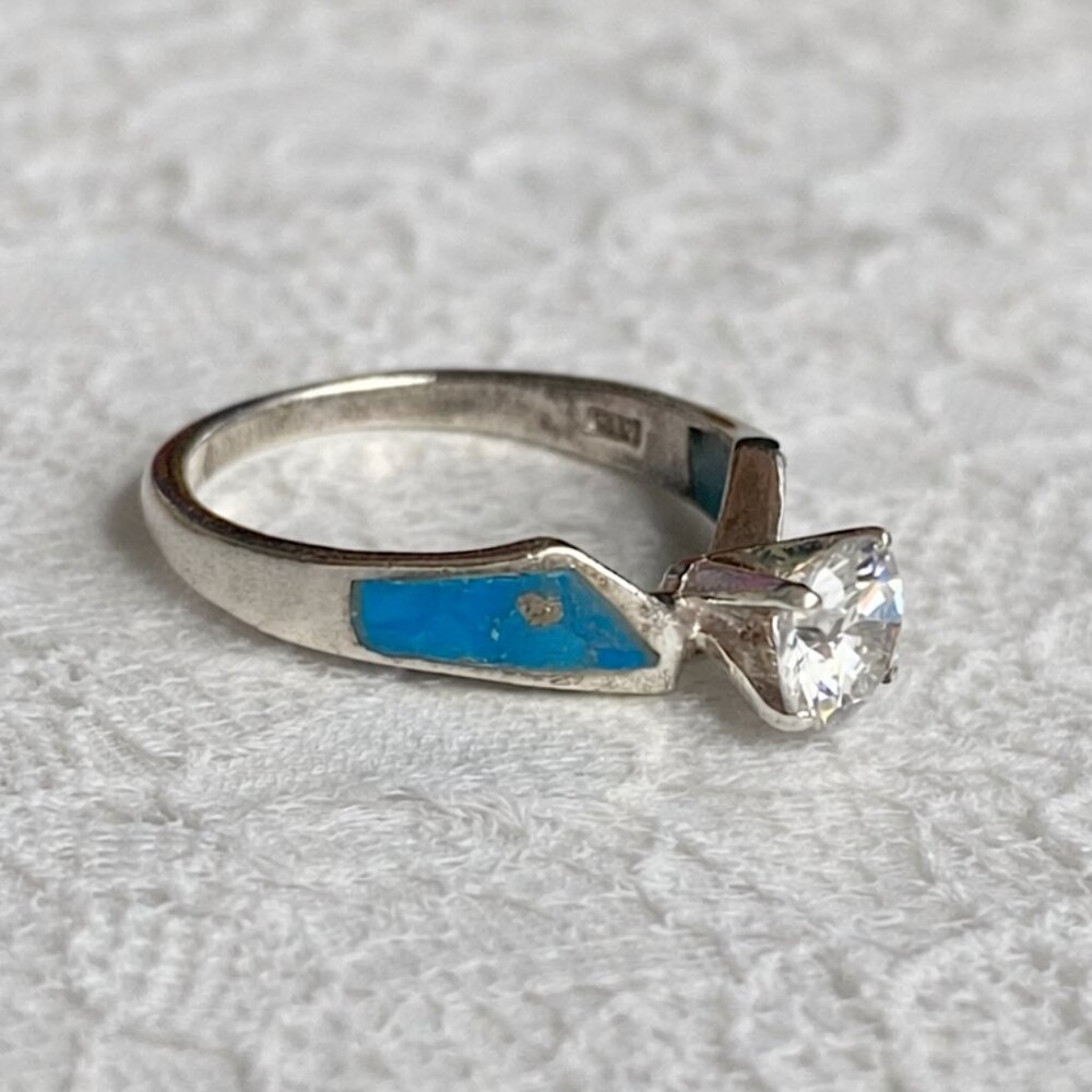 925 Sterling Silver Signed ND Ring Blue Inlay Sz 8 Vintage White Gem Rhinestone